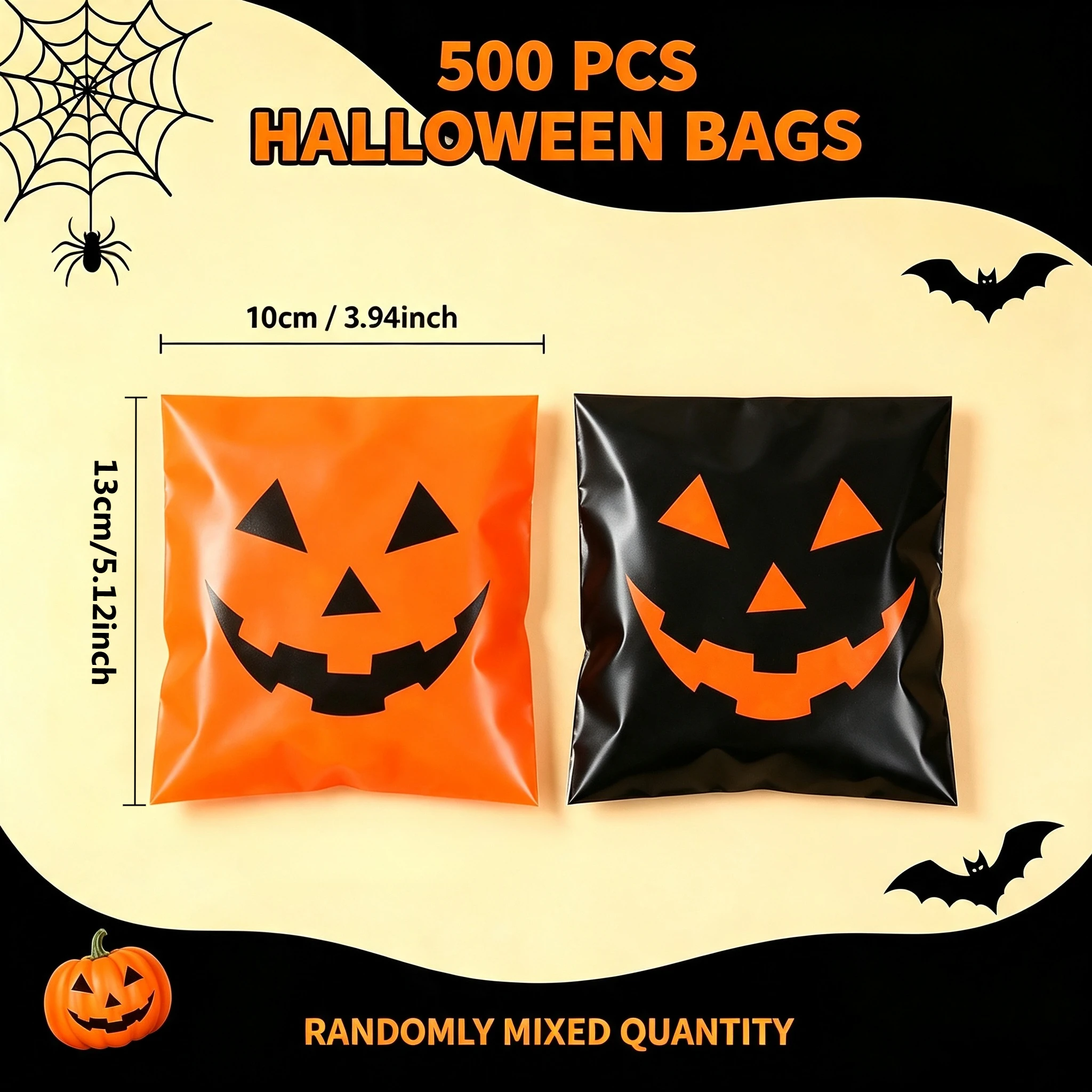 500 Stück Deluxe Halloween-Ziplock-Beutel in Schwarz und Orange mit bösen Kürbismotiven, Aufbewahrungsbeutel für Süßigkeiten und Backwaren, Feiertagsdekoration und Geschenke – Detail 2