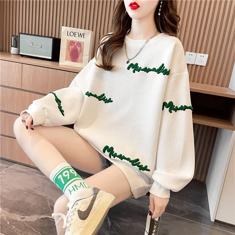 2022 New Casual Embroidery Letter Sweatshirts Women Classic Long Sleeve Loose Fashion O-collar Comfortable Pure Cotton Lady Top