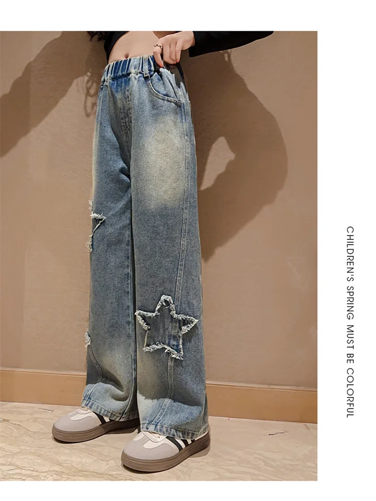 High-Waist-Jeans für Mädchen, gerade geschnittene, lockere Weitbein-Hosen, Frühling und Herbst, koreanische Vintage-Jeans, modische Kinder-Denim-Hosen für Teenager. – Detail 7