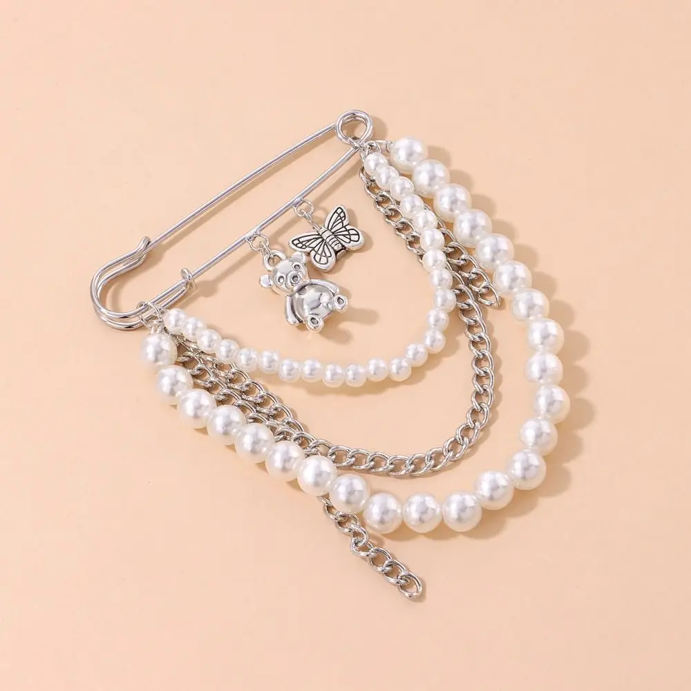 New Trend Pendant Pearl Chain Brooch Fashion Multi-Element Vintage Pin Accessories Rhinestone Claw Chain Sweater Collar Clip