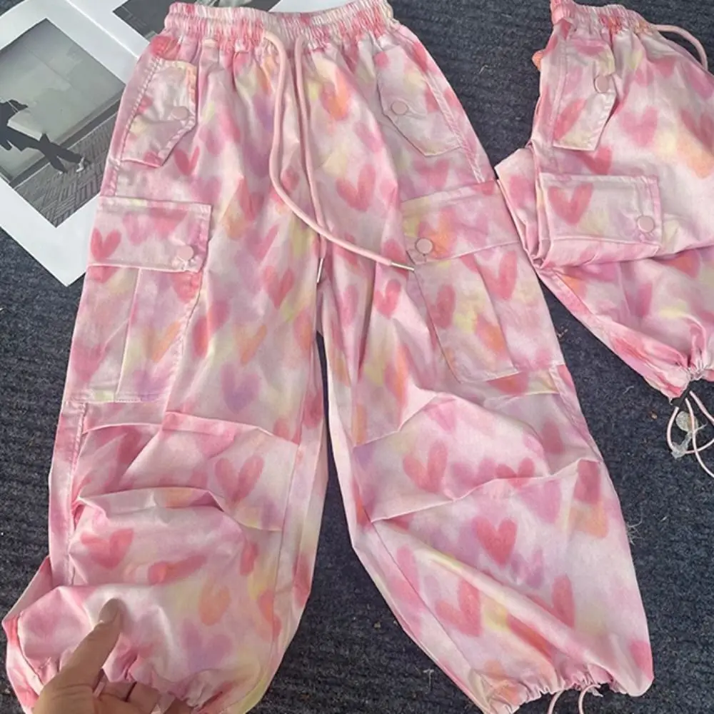 جيوب متعددة السراويل البضائع الفضفاضة ركض الرباط Y2k بنطال ذو قصة أرجل واسعة عالية الخصر الهيب هوب القلب الطباعة السراويل فتاة الطلاب