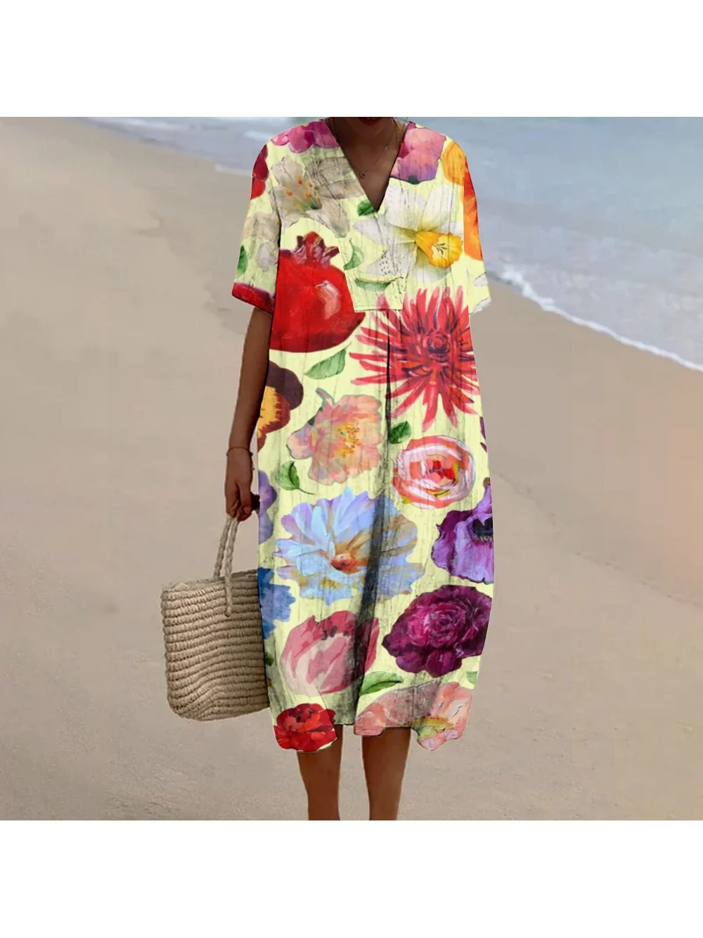 Retro Ladies Skirt Outfit Contrasting Colors Flower Graphic Printing Trend High Quality V-Neck Fashion New Long Dress