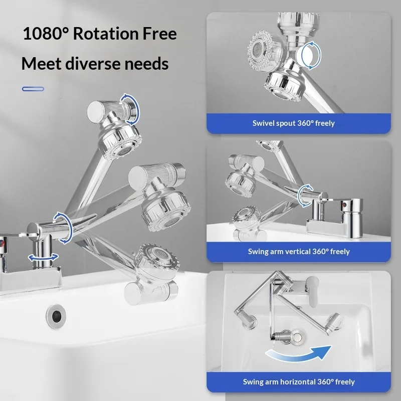 Two Hole Hand Wash Basin Faucet Smooth Surface Wear Resistant Hot Cold Mixing Tap Adjustable Water Flow Rotatable Head