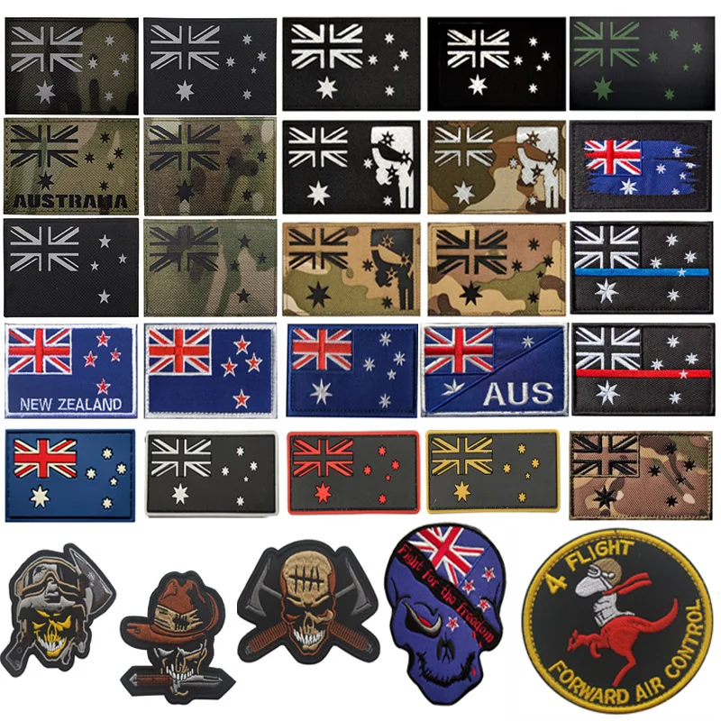 Australia New Zealand Flag Hook Loop Reflective Embroidery PVC Tactical Military Patches Stickers Embroidery Badges