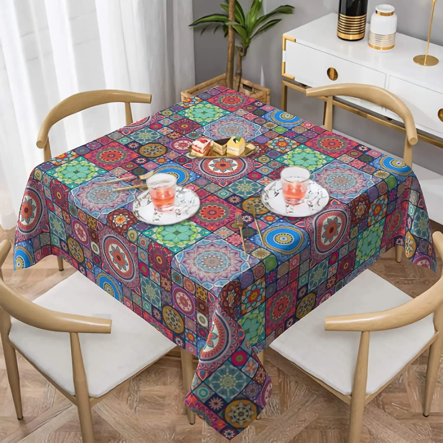 

Ethnic Mandala Square Tablecloth Geometric Mandala Table Cover Waterproof Spill Proof Wrinkle Free for Camping Picnic Dinner