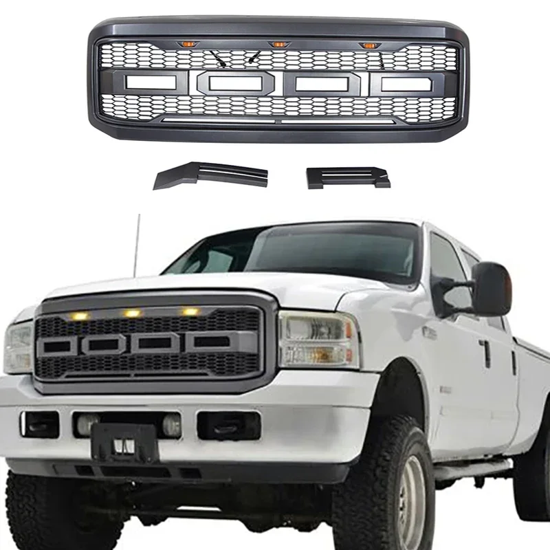 

Front Bumper Grills With Amber LED Lights Raptor Style Racing Grill Car Grille Modified Fit For FORD F250 F350 2005 2006 2007