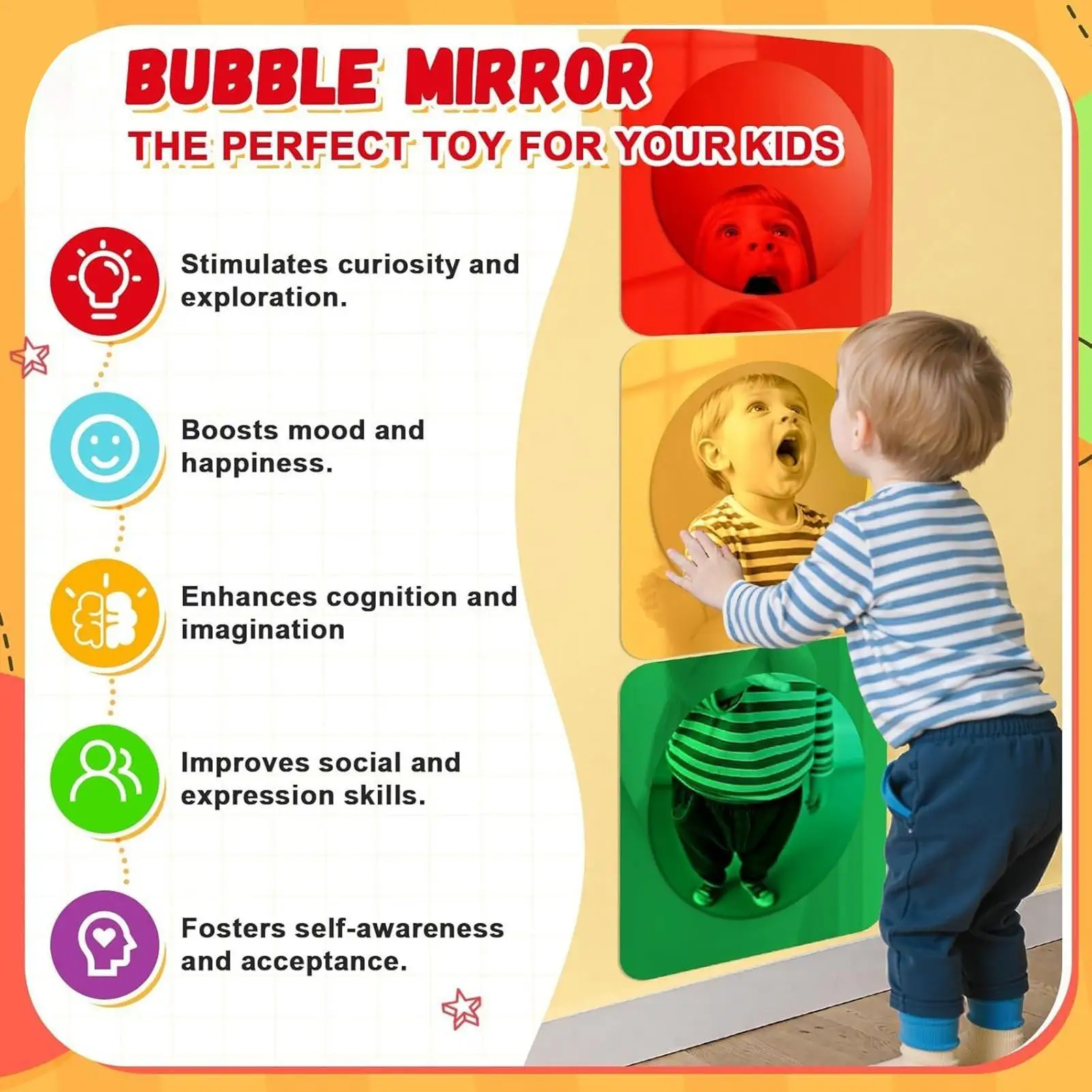 Bubble-Sensorikspiegel, 3-teilig, interaktive Heimdekoration, Acryl-Sensorik-Bubble-Spiegel für Kleinkinder zur Erforschung der Gefühle, taktile Stimulation