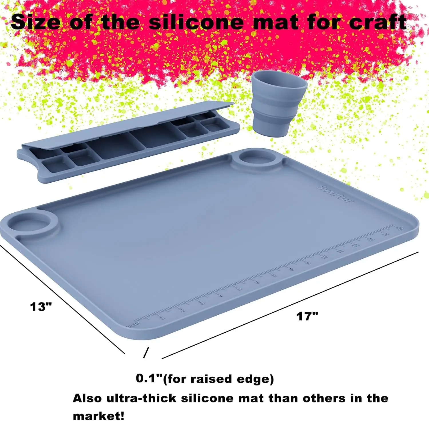 Silicone Painting Mat with Removable Cup and Palette, 17x13 Inch Thick Art Mat for Resin DIY, Gray view 2