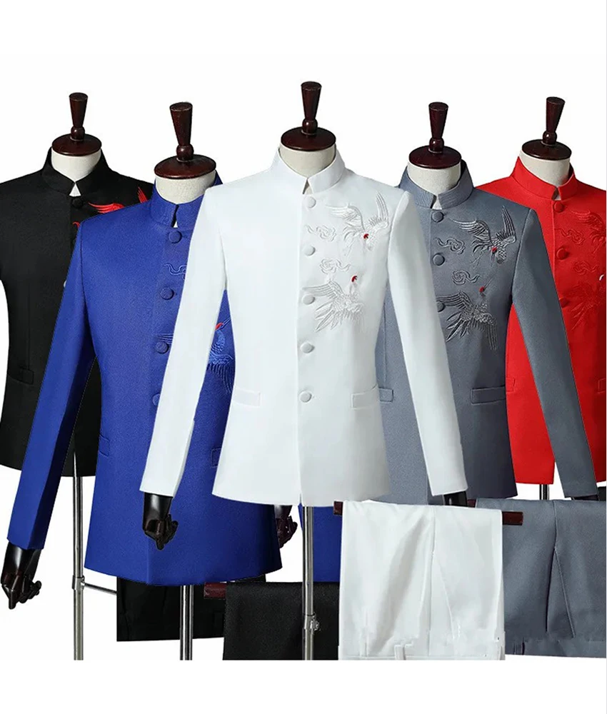 

2025 New Fashion Men Chinese Style Embroidered Standing Collar Suit 2 Piece Wedding Party Dress Celebrity Gowns prom dresses