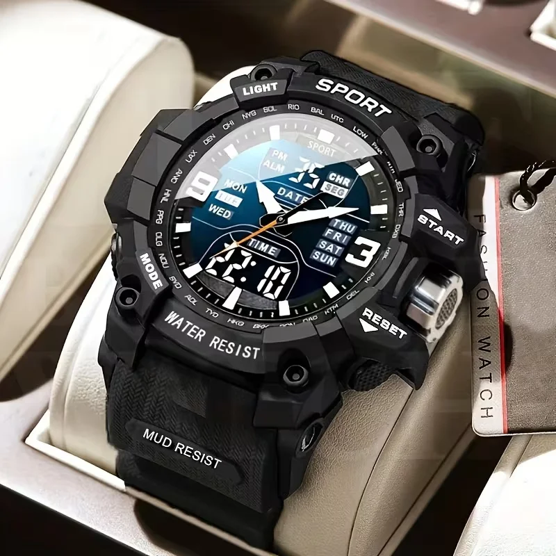 New trend high-end multifunctional night light alarm clock sports trend men's and women's universal dual display wristwatch