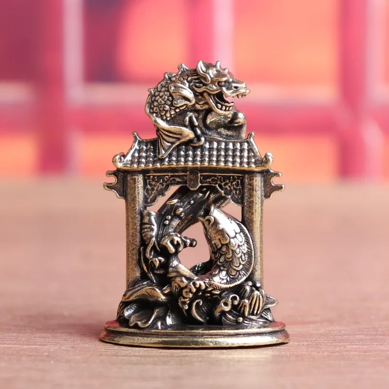 Brass Carp Leaping Over Dragon Gate Figurine Mini Copper Statue Desktop Ornament Tea Pet Home Office Decor Collectible Craft Gif