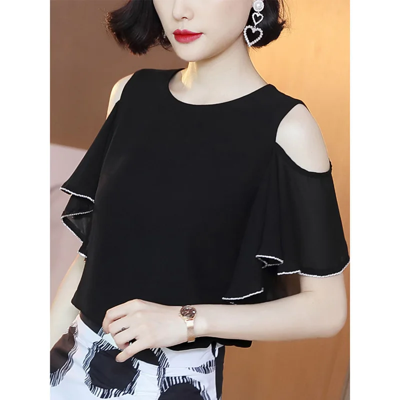 Fashion Off Shoulder O-Neck Spliced Ruffles Oversized Loose Hollow Out Chiffon Shirt Summer Casual Tops Commute Women\'s Blouse