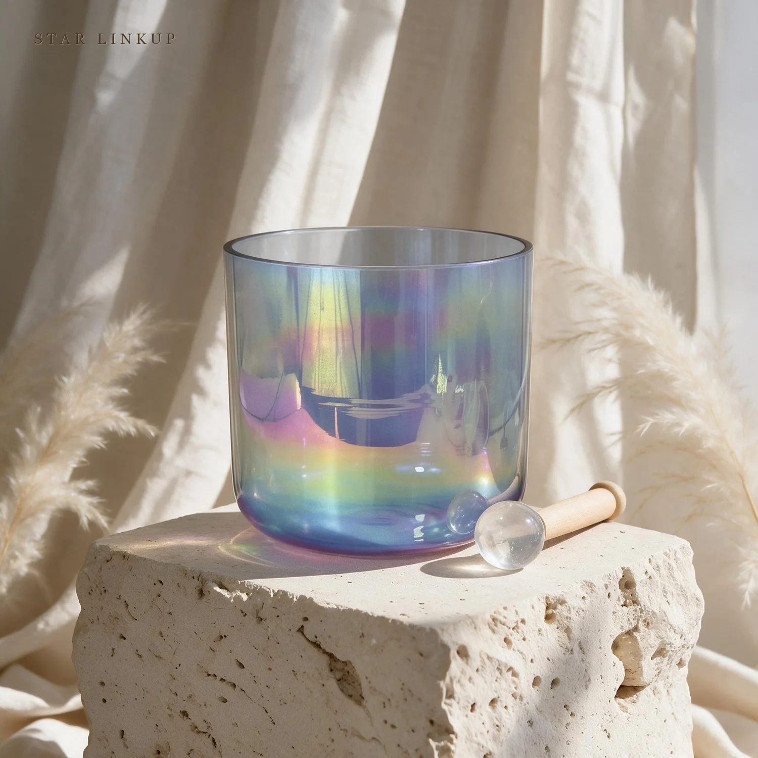 STAR LINKUP Model SL-2308 432Hz Sea and Lavender Colorful Alchemy Clear Quartz Crystal Singing Bowl for Therapy and Sound Healing with Mallet - Collector's Crystal Instrument for Meditation, Breathwork and Deep Relaxation
