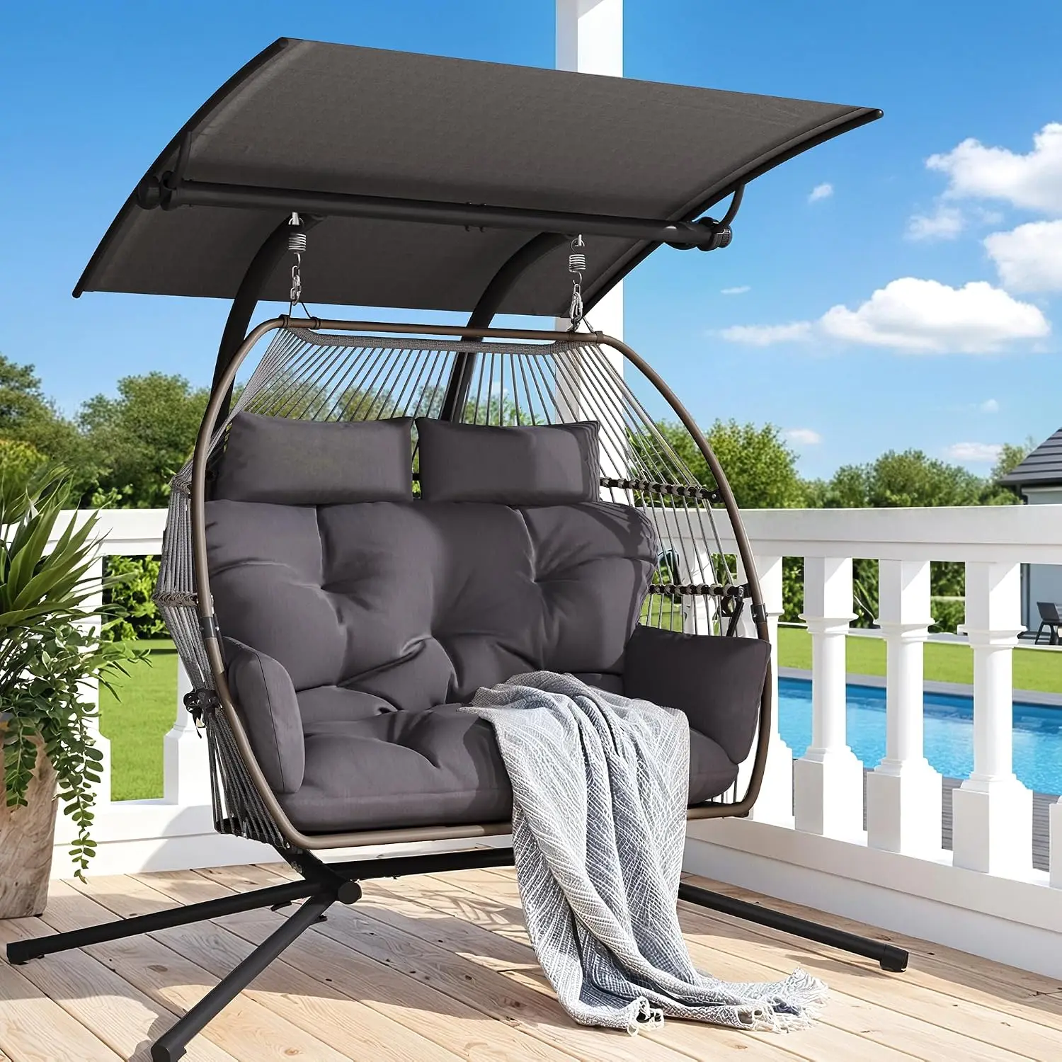 Double Hanging Swing Chair with Removable & Adjustable Canopy, Outdoor Egg Chair with Cushion & Basket, , Customized