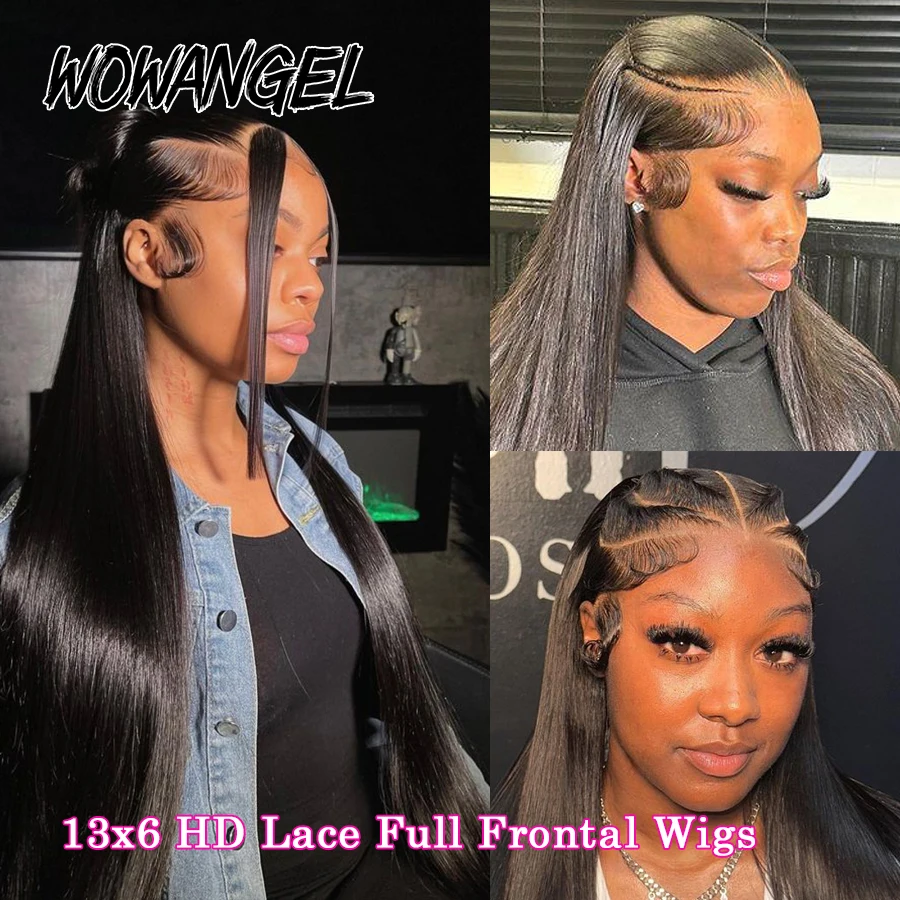 Wow Angel-Peluca de cabello humano liso para mujer, postizo de encaje Frontal 13x6 HD, de seda, predesplumada, sin pegamento