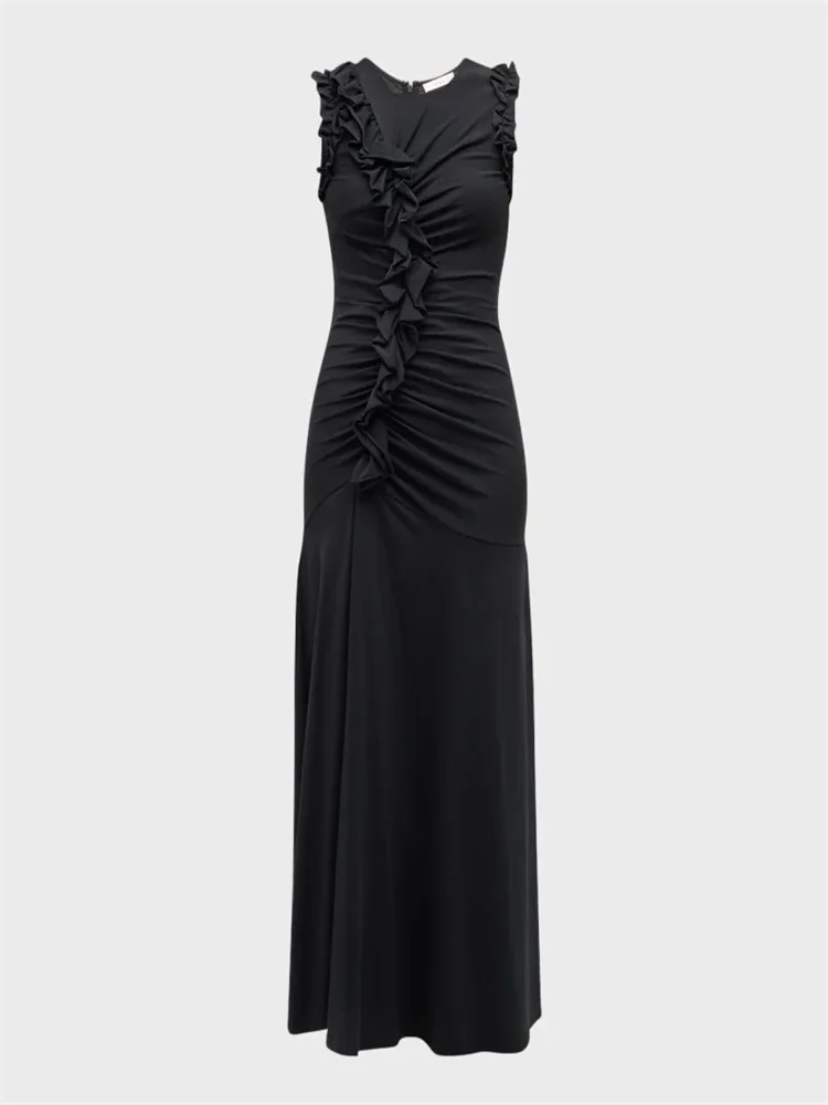 

Hot Selling Round Neckline With Ruffle Sleeveless A-Line Evening Dress Elegant Concealed Back Zipper Floor Length Gown For Women