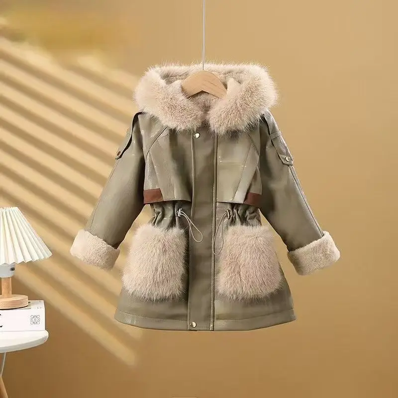 Girls' Autumn And Winter New Plush Western Style Parka Children's Korean Version Medium Long Plush Jacket