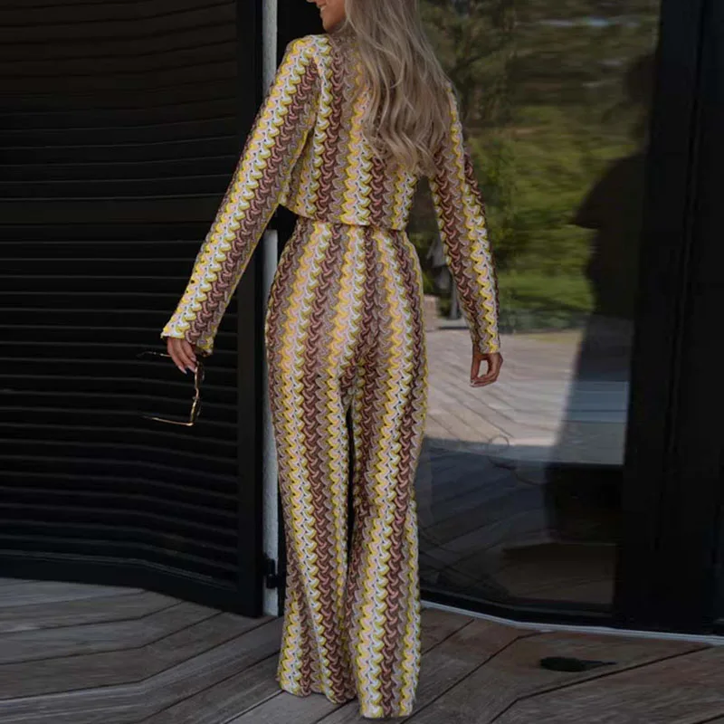 Conjunto de gancho de ganchillo con estampado de rayas para mujer, Top corto y pantalones sexys con cuello redondo, traje de moda de manga larga, ropa femenina