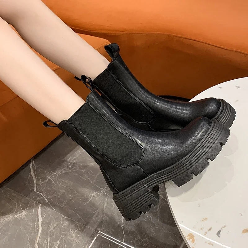 Fashion Mid Calf Boots Winter Autumn Slip on Warm Shoes for Women Shoes Hoof High Heels Leather Solid Modern Boots Zapatos Mujer