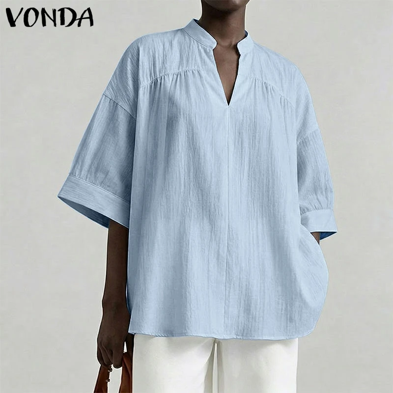 

Летние женские блузки VONDA: модные топы с V-образным вырезом, однотонные, с рукавом до локтя, уличный стиль, с пышными рукавами, для офиса, для вечеринок, футболки-блузки
