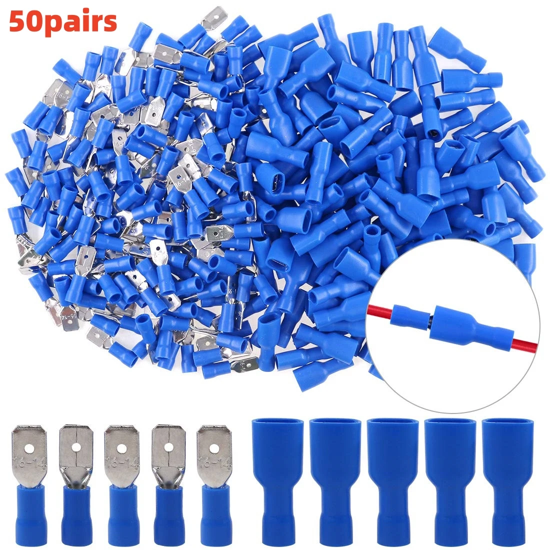 100 pcs/50 pairs Female/Male Spade Connectors 16-14 AWG Spade Quick Disconnect Connectors Insulated Spade Wire Crimp Terminal