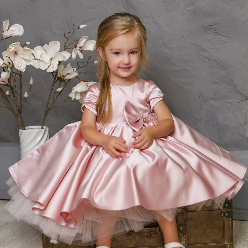 

Pink Flower Girl Dresses Tulle Puffy Pearl With Bow Short Sleeve For Wedding Birthday Party Banquet Princess Gowns