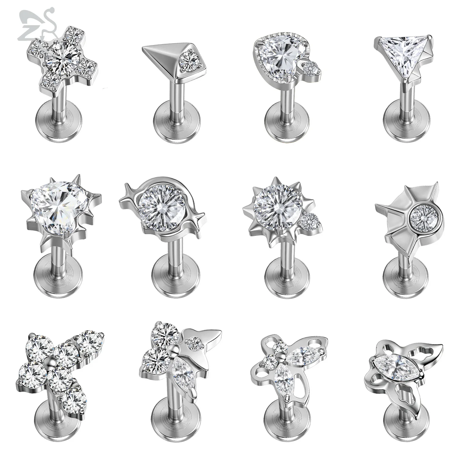 ZS 1 Stück G23 Titan Lippenpiercing Silberfarben Ohrstecker Weißer Kristall Nasenstecker Knorpelohrring Helix-Piercing Schmuck 16G
