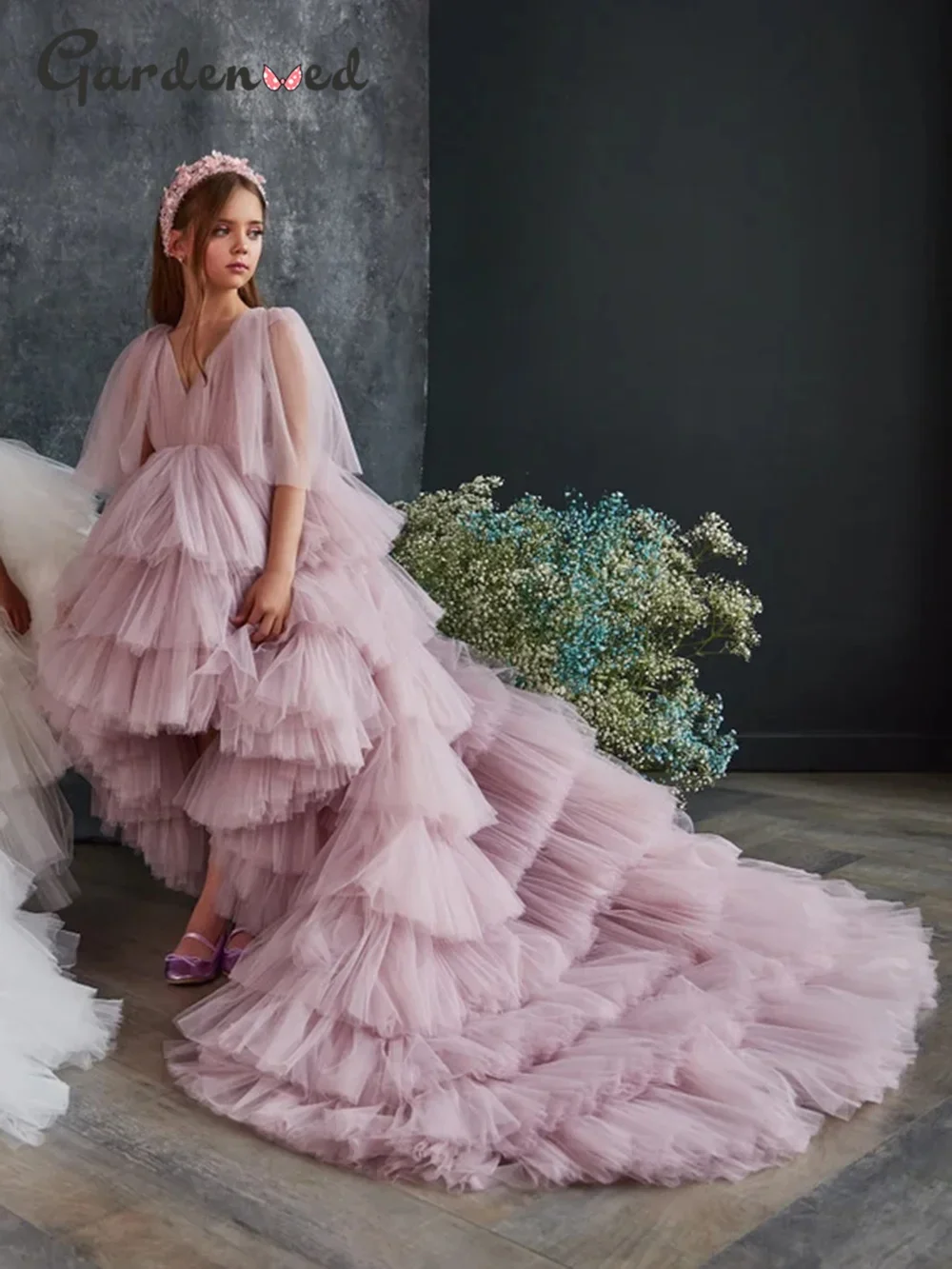 Vestidos de fiesta de boda para niños, vestidos escalonados de tul hinchado, vestido de niña de flores, vestidos de desfile de primera comunión de princesa Hi-low