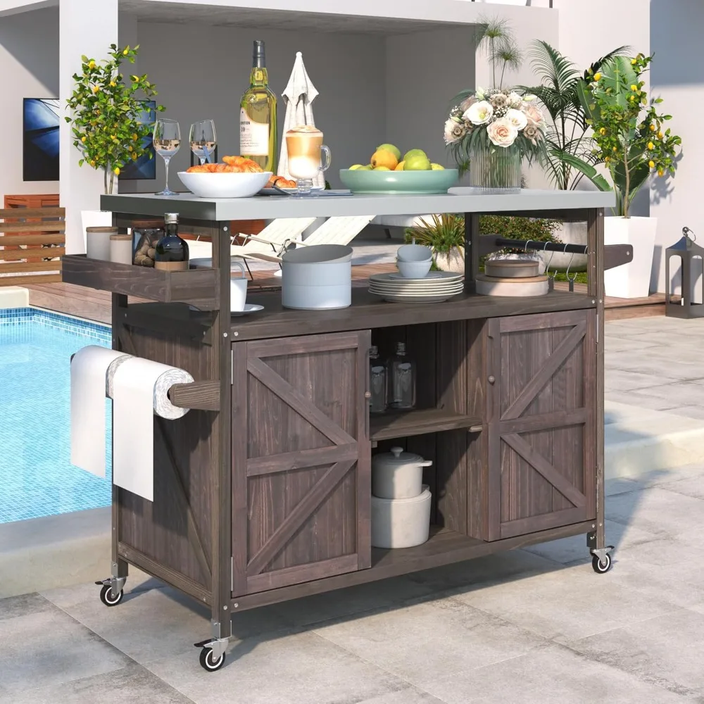 

50.25" Outdoor Kitchen Island with Rolling Bar Cart & Storage Cabinet,with Stainless Steel Top Farmhouse Solid Wood Grill Table