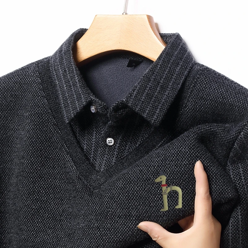 

Cartoon Dog Print Design Men's Fake Two-piece Winter Lapel Knit Sweater Warm High Quality Pullover Fashion Hot Sale Men's Wear