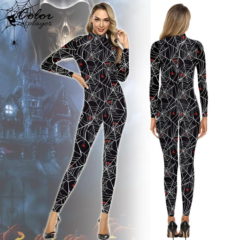 

Color Cosplayer Halloween Cosplay Costume Spider Web Printing Women Long Sleeve Bodysuit Stretch Zentai Catsuit Funny Jumpsuits