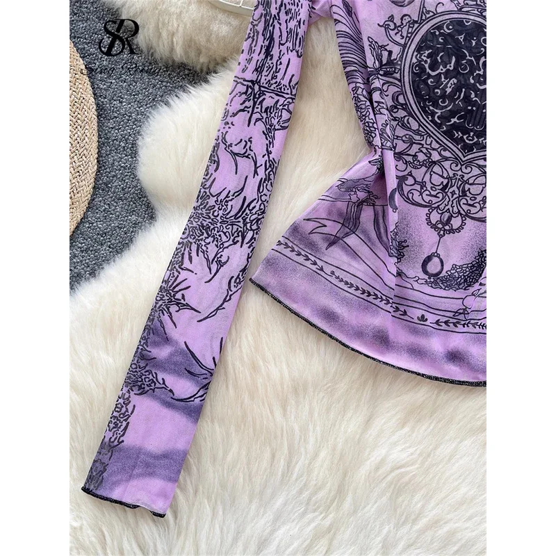 ZIXIN Streetwear Hotsweet Mesh Blouse Vrouwen O-hals Print Dunne Sheer Chic Tops Amerikaanse Sexy Ins Schede Korte Casual T-Shirt