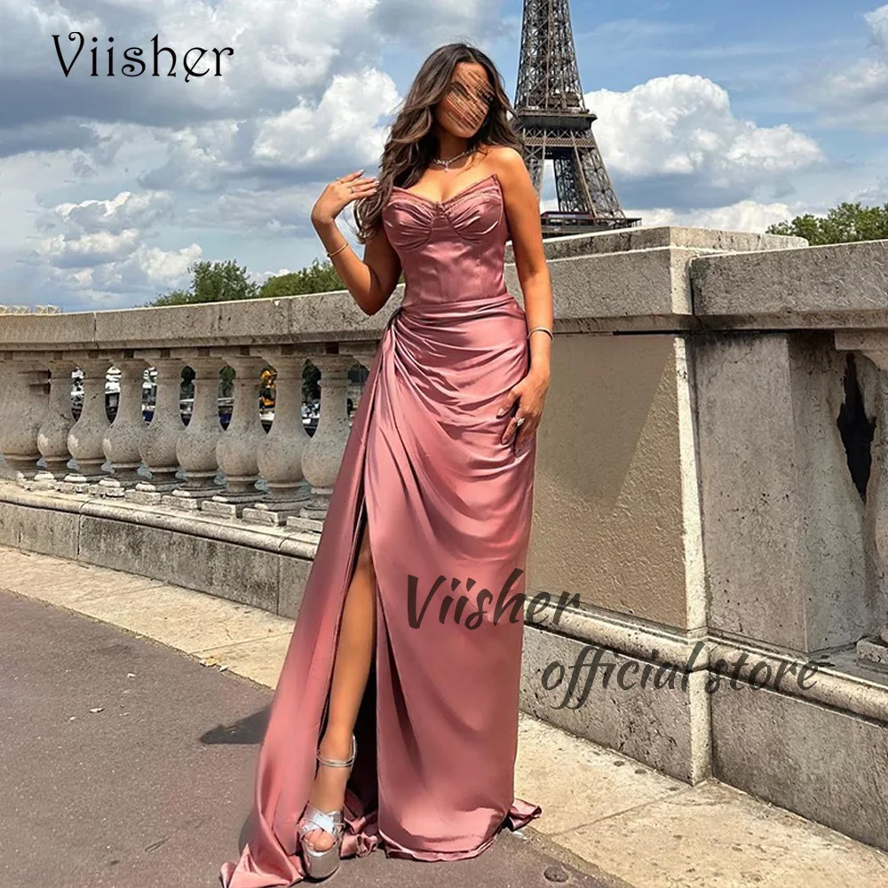 

Viisher Arabic Dubai Mermaid Evening Dresses Pleats Satin Sweetheart Formal Prom Dress with slit Long Celebrate Event Gowns