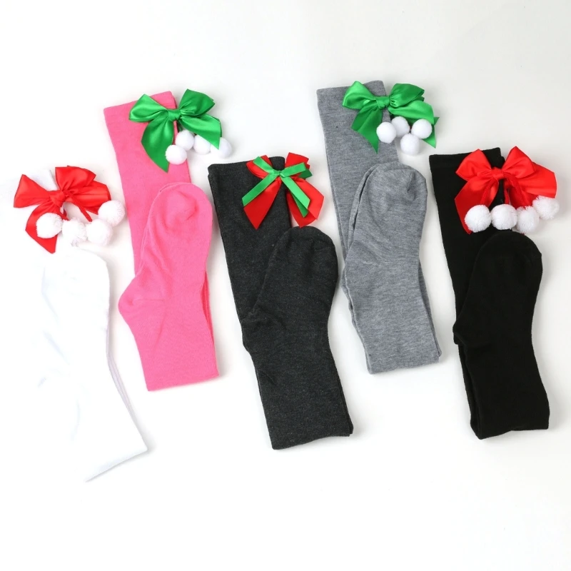 3 Pair Women Christmas Long Stockings Holiday Striped Thigh High Socks with Bows