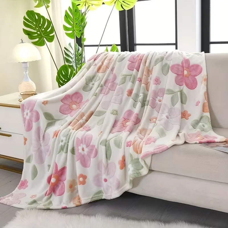 Cute Pastel Pink Floral Print Flannel Throw Blanket, Soft Cozy Lightweight Fleece Blanket for Bedroom Sofa Home Decor