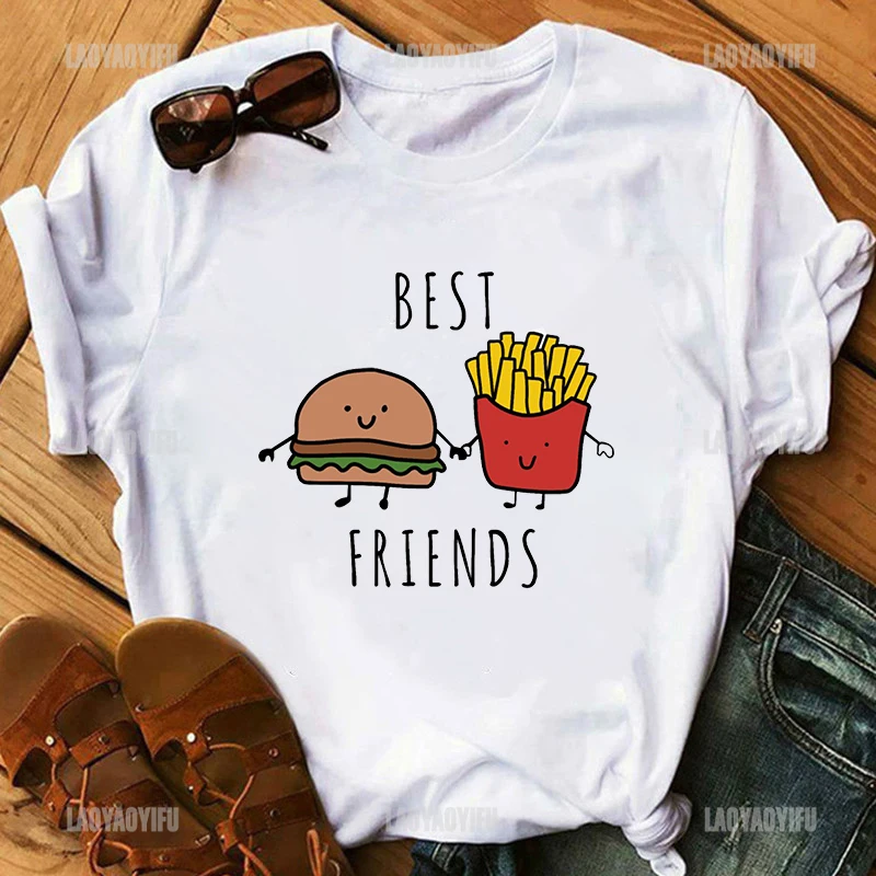 90s Vintage T Shirt Funny French Fries Hamburger Print T Shirts Women Clothes Cute Sister White Tops Best Friends Cotton Tee