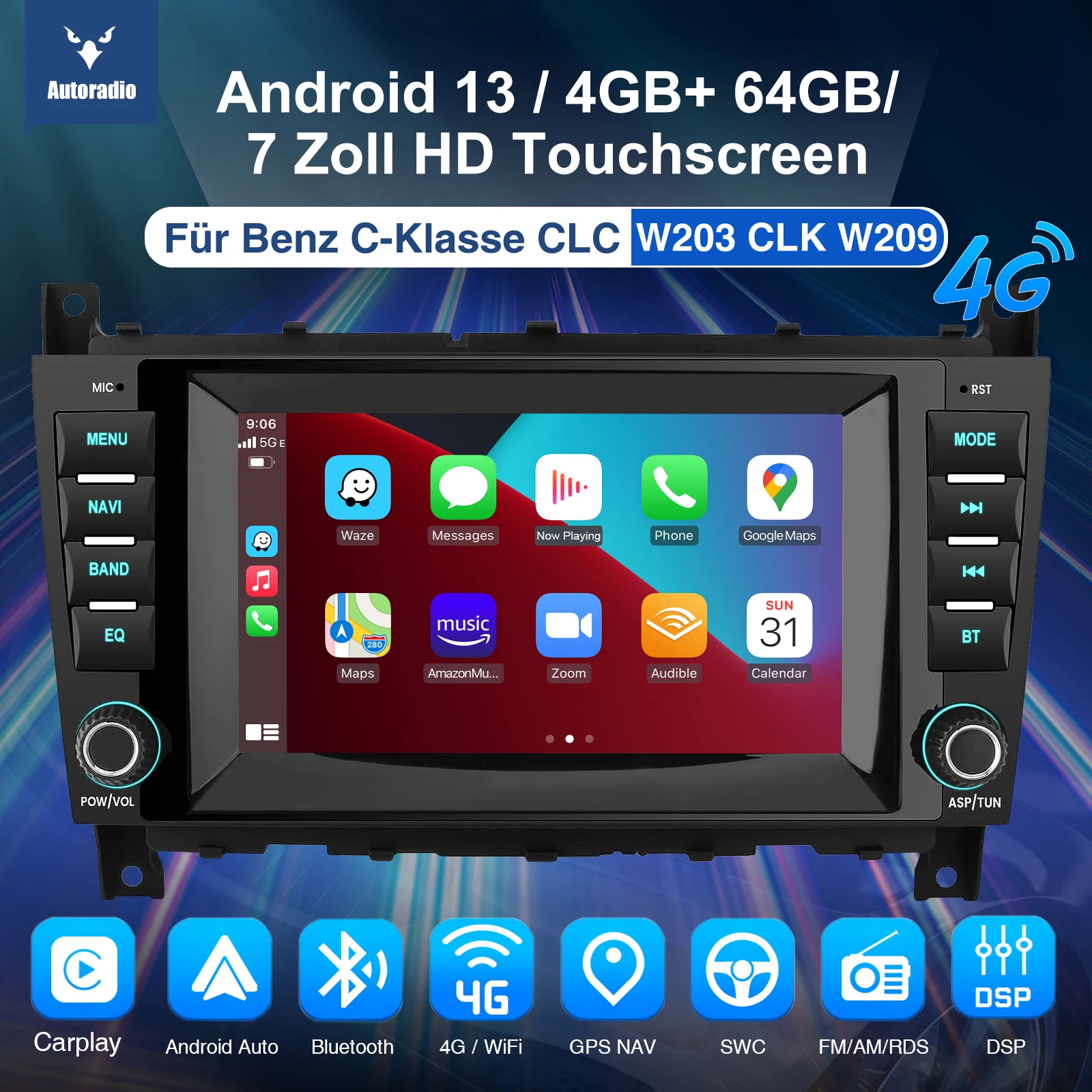 ESSGOO 2 DIN Carplay For Mercedes Benz C class W203 CLK W209 C55 AMG/Car Stereo Radio Android 13 7