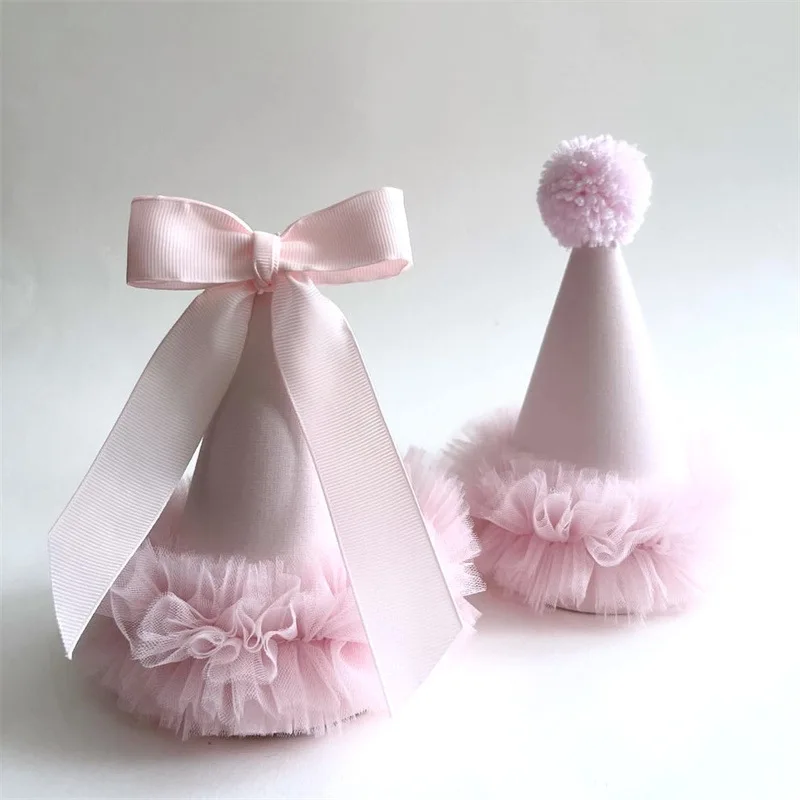 2 Stück rosa Spitzen-Schleifen-Geburtstagsparty-Hüte im koreanischen Stil, romantisch, für Frauen und Mädchen, Party-Dekoration, Foto-Requisiten – Detail 1