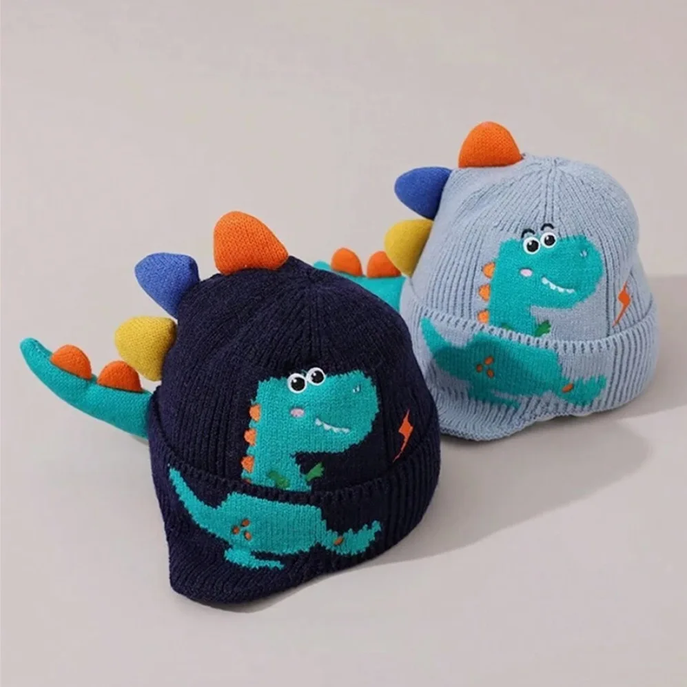 

Вязаные шапки для мальчиков и девочек, осенне-зимний стиль, модные детские зимние забавные зимние шапки с динозавром для маленьких мальчиков и девочек, зимняя защита