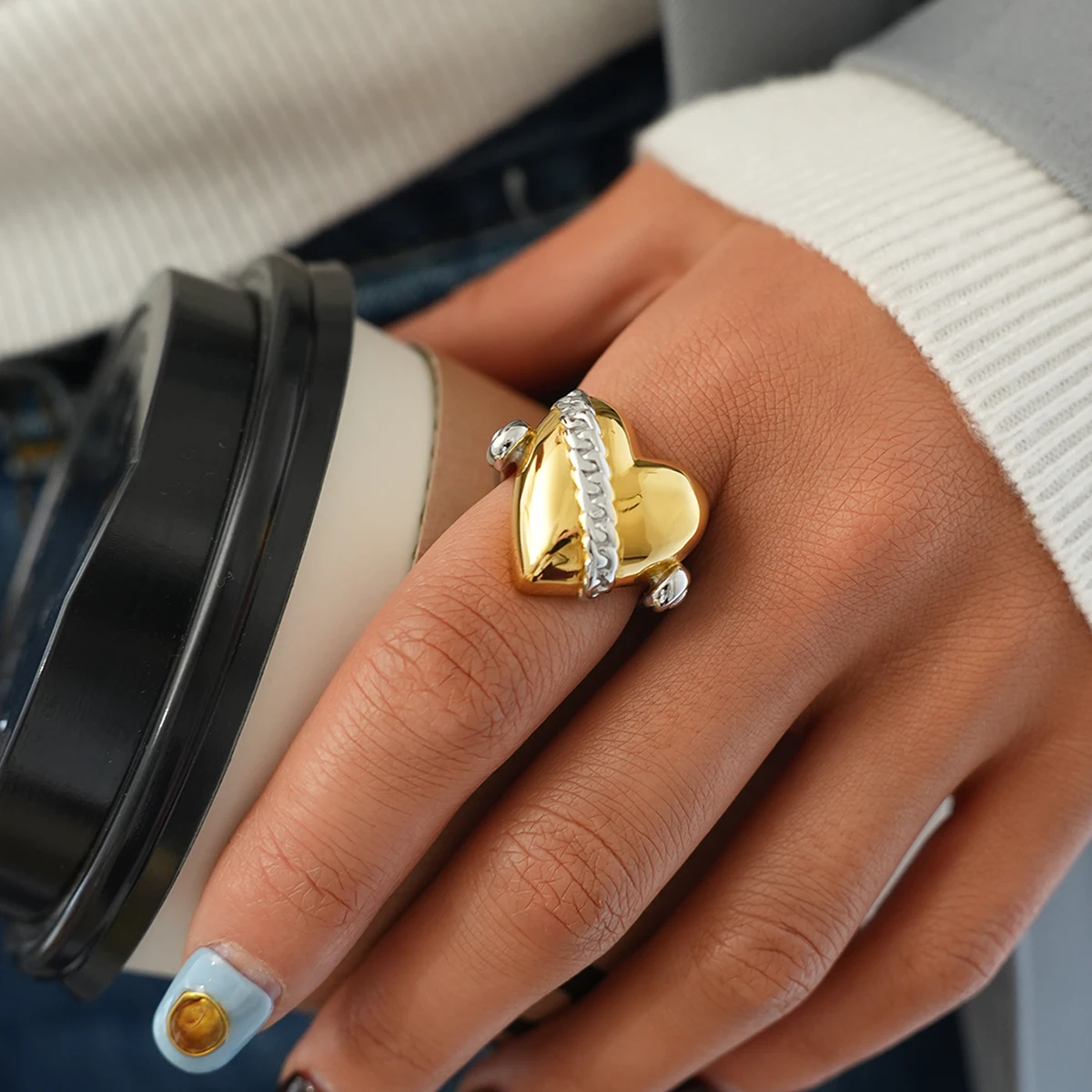 316L Mixed Color Three-dimensional Heart-shaped Chain Texture Stainless Steel Women's Ring18K Gold PVD Plated Daily Jewelry Gift