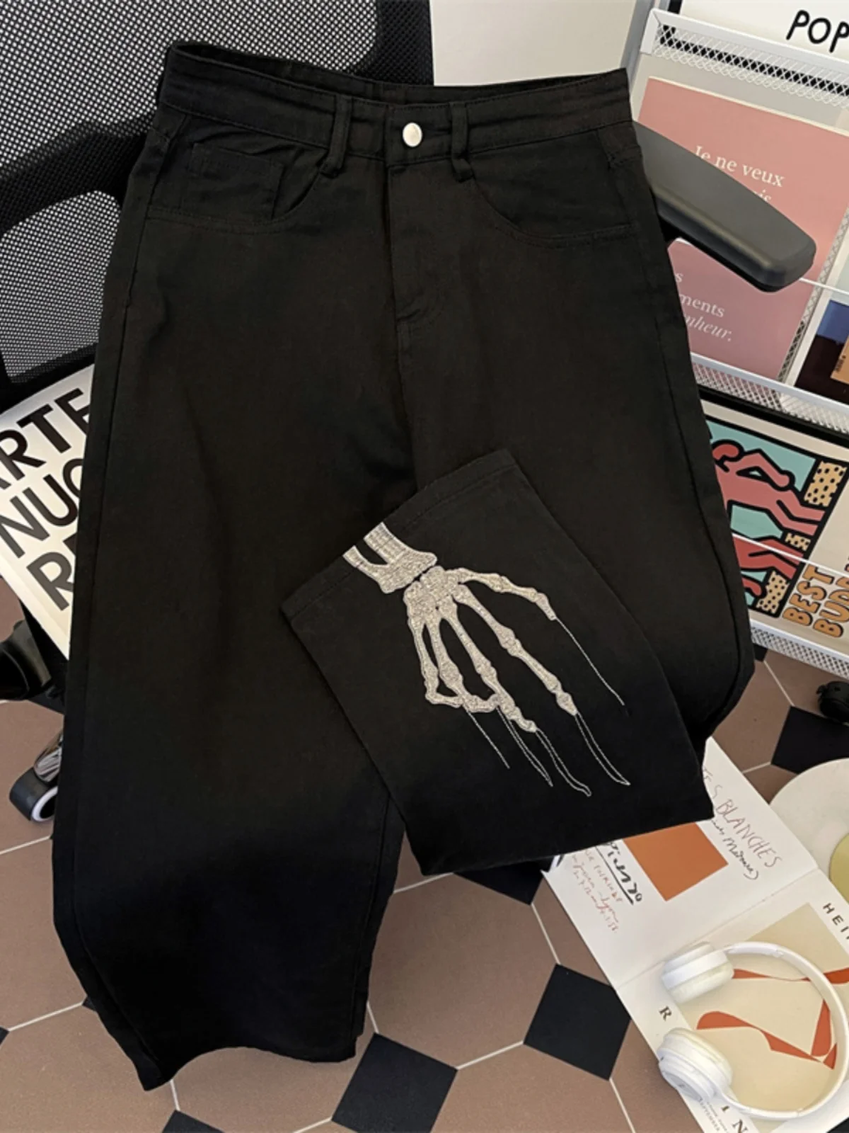 Bla Loose Straight Leg Jeans Men's Autumn Winter High Street American Vibe Embroidered Trendy Brand Wide Leg Long Pants