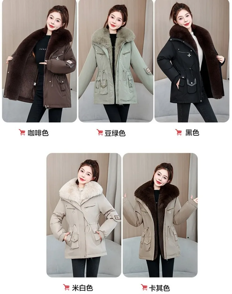 2026 New Women Winter Jacket Slim Mid Long Coat Casual Parkas Big Fur Collar Fleece Liner Outwear Female Snow Warm Cotton Coats