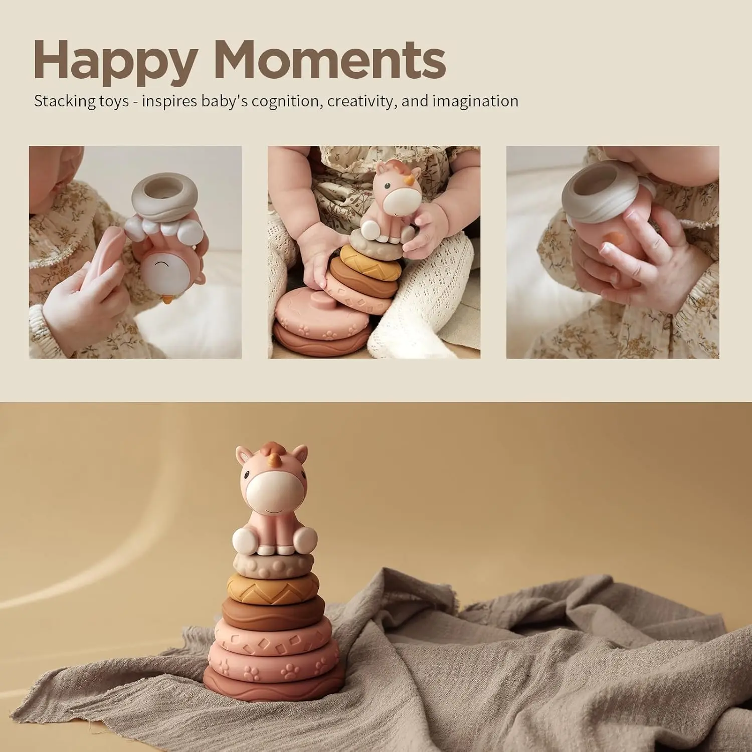 7 Pcs Stacking & Nesting Baby Toys, Squeeze Teething Toys and Building Circle with Pink Horse Figure, Newborn Essentials for 6 1