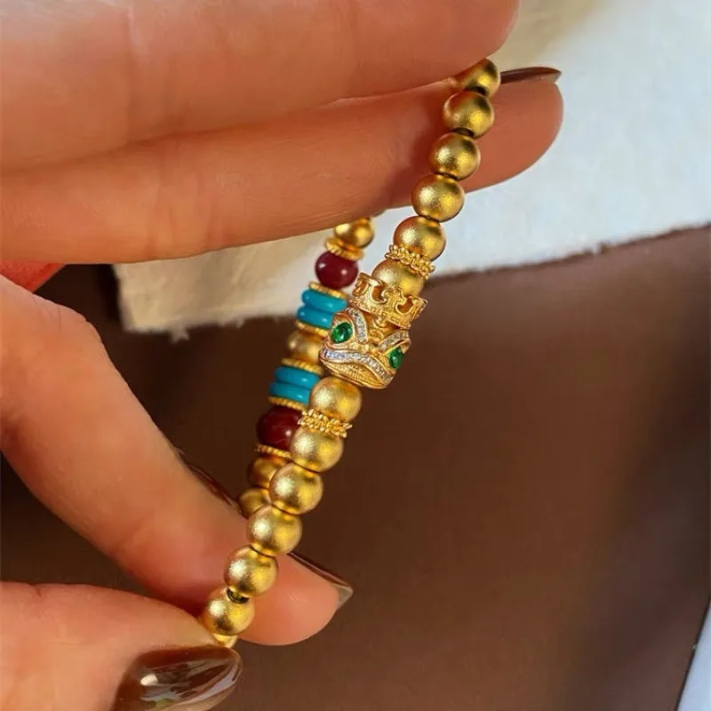 

Современная китайская позолоченная зеленая бриллиантовая бусина для танца льва, Корона из киновари, бирюзовая регулируемая гипоаллергенная роскошная подарочная корона для нее