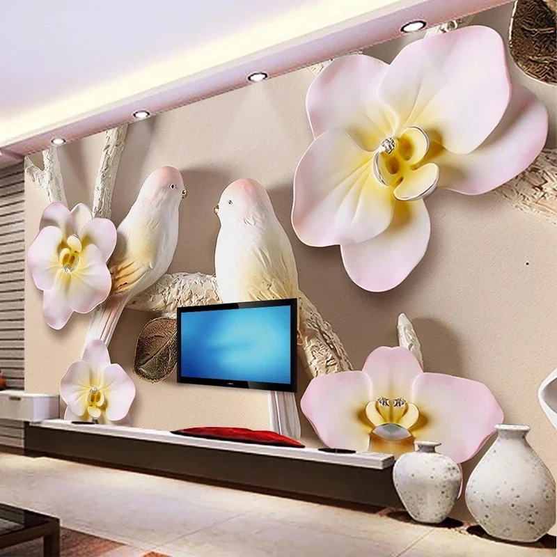 

Creative Art Mural 3D Stereoscopic Flowers Bird Embossed Wallpaper TV Background Waterproof Canvas Wall Paper Customized Size