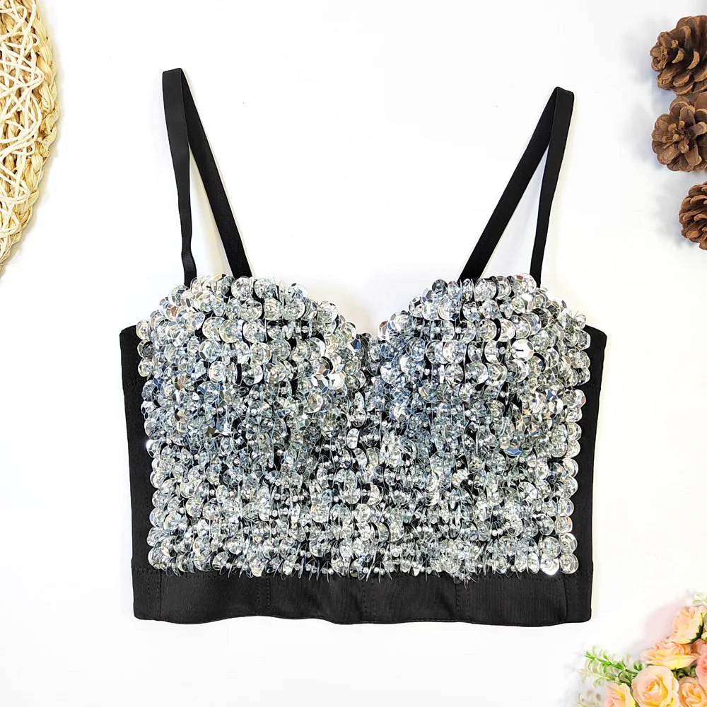 

Women Open Navel Crop Top Sequined Beaded Small Suspender Outside Party Bouncing Breast Wrap Off-Shoulder Slim Top Tube Top