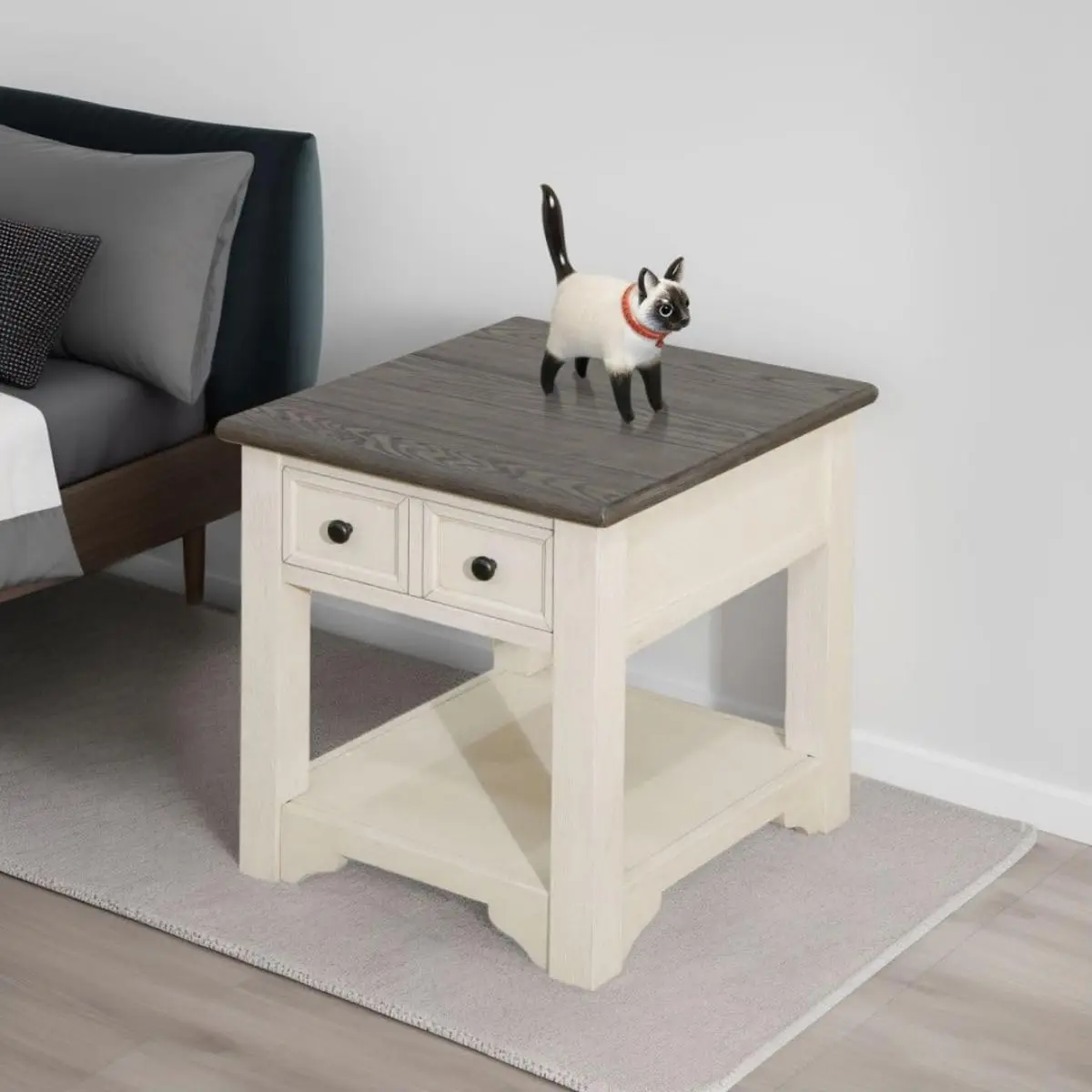 Small Farmhouse Wood Nightstand with Storage, Side Bedside End Couch Table Cabinets, Night Stand for Small Spaces, Living Room Bedroom Kitchen Plant Tables, Dark Gray MDF and White Oak