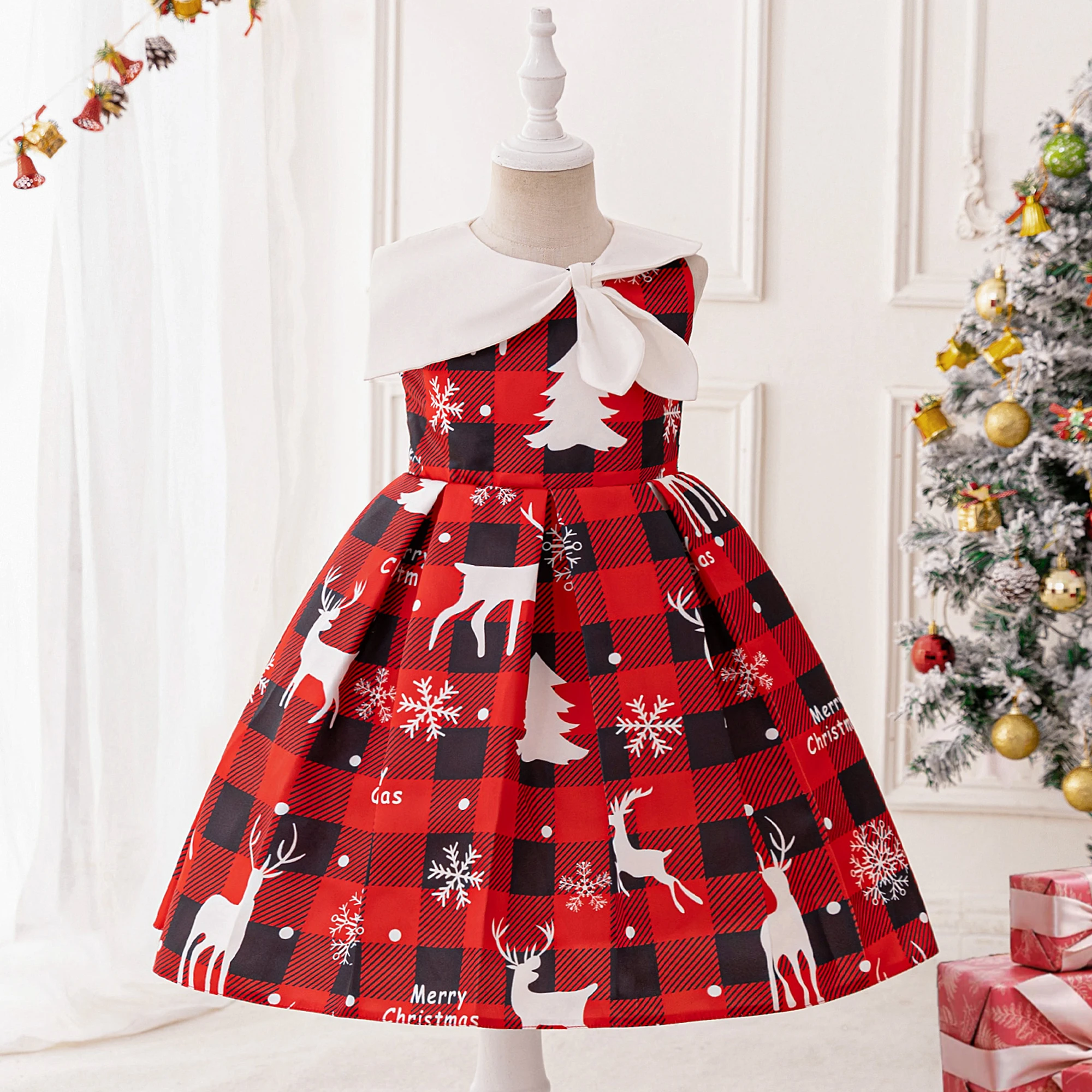 

Girls Elk Snowflake Christmas Dresses Carnival Cosplay Halloween Costumes Red Plaid Birthday Party Dress Xmas Deer Kids Clothing