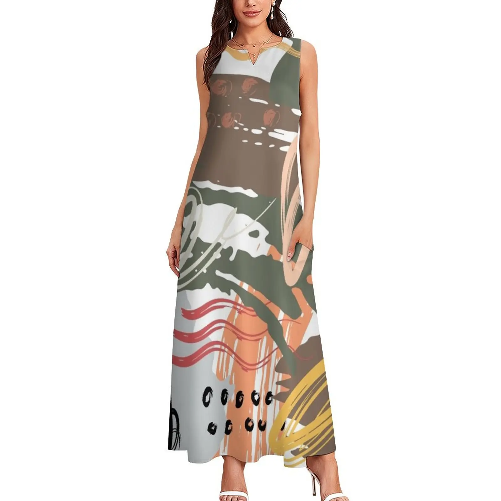 Brown Green and Orange Abstract Circular Art Design Long Dress sensual sexy dress for women festival outfit women