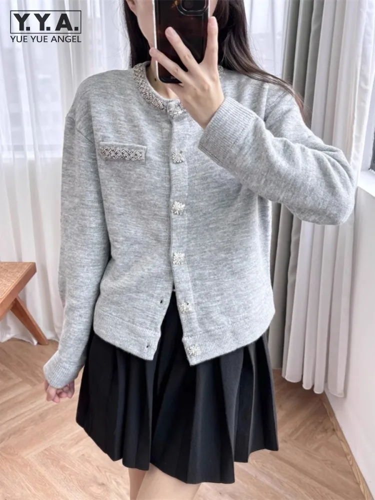 Women New Diamonds Beading Sweater Coat O Neck Single Breasted Knitwear Jacket Autumn Office Ladies Cardigan Knitted Outwear Top